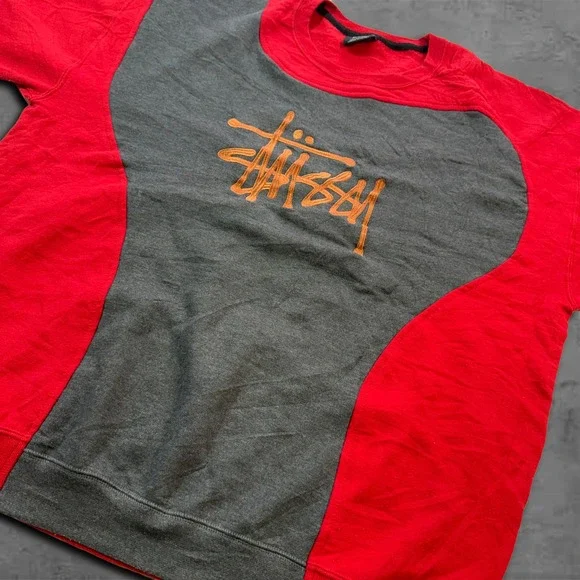 Y2K Oversized Boxy Red Grey Stussy Streetwear Sweater - Picture 3 of 7